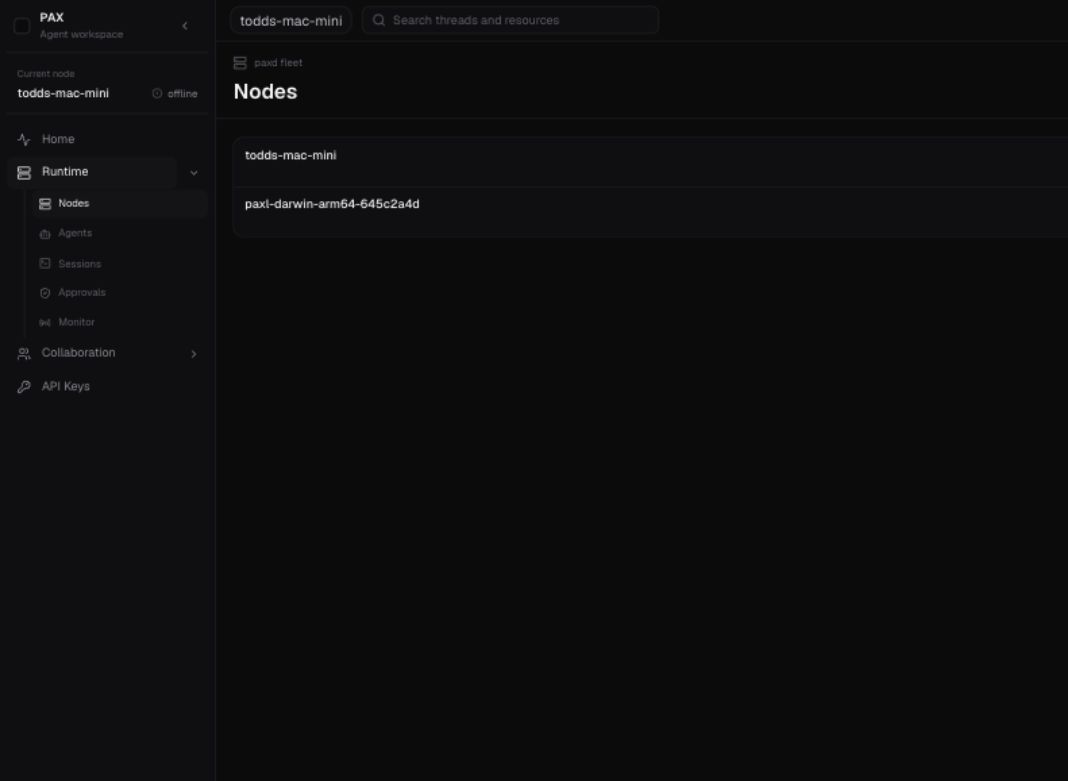 Pax Console nodes view showing connected machine state.